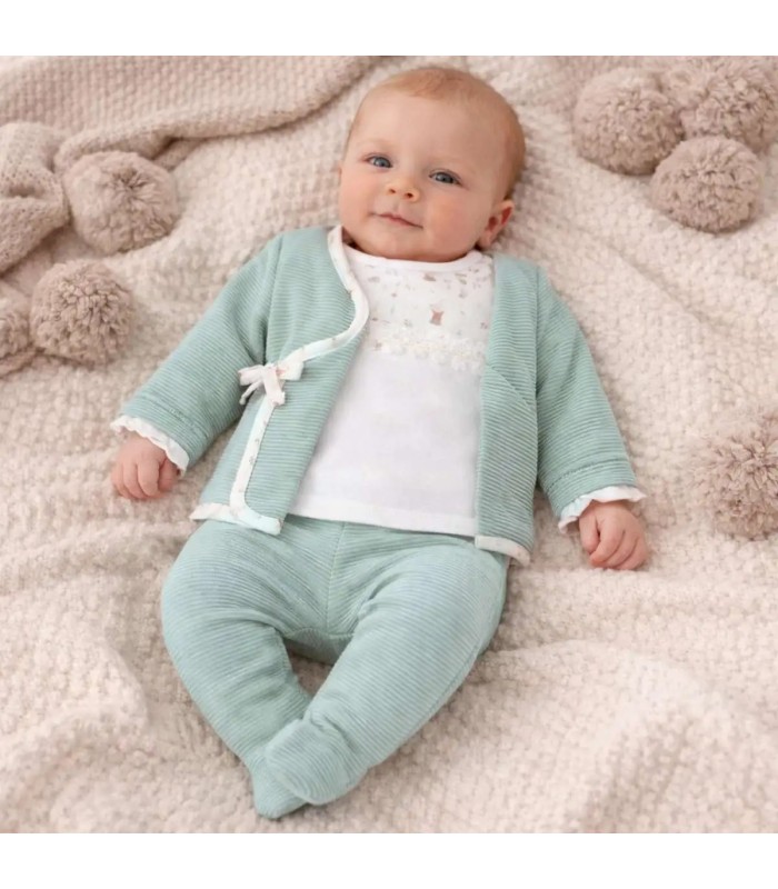 Bebé Conjunto 3 piezas bebé mint invierno algodón con chaqueta cruzada polaina acanalada y camiseta estampada con puntilla