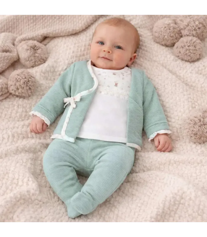 Bebé Conjunto 3 piezas bebé mint invierno algodón con chaqueta cruzada polaina acanalada y camiseta estampada con puntilla