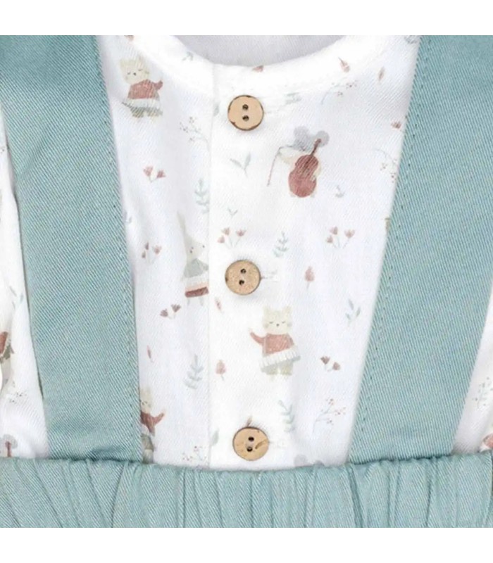 Detalle del Conjunto Pololo bebé mint invierno con tirantes algodón camisa estampada y pololo elástico color mint