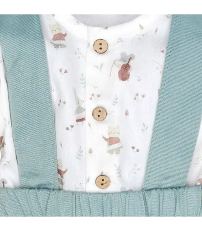 Detalle del Conjunto Pololo bebé mint invierno con tirantes algodón camisa estampada y pololo elástico color mint