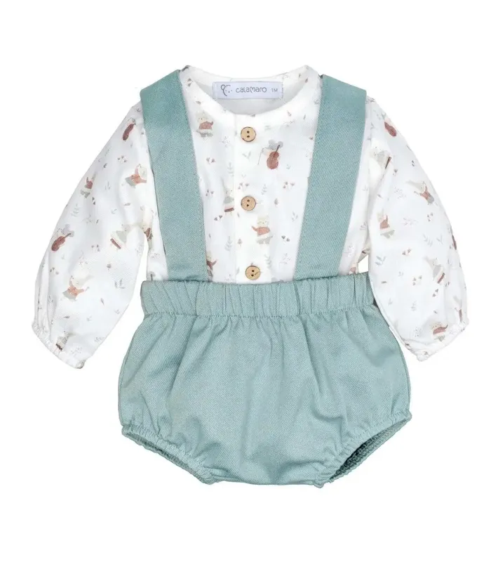 Conjunto Pololo bebé mint invierno con tirantes algodón camisa estampada y pololo elástico color mint en fondo blanco