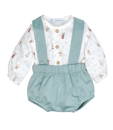 Conjunto Pololo bebé mint invierno con tirantes algodón camisa estampada y pololo elástico color mint en fondo blanco
