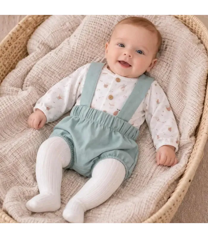 Bebé con el Conjunto Pololo bebé mint invierno con tirantes algodón camisa estampada y pololo elástico color mint