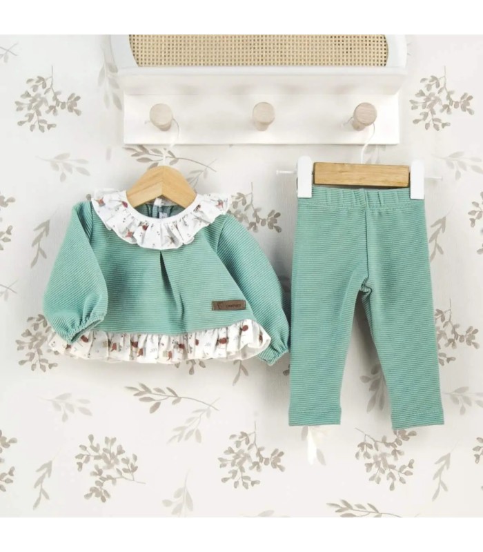 Conjunto legging bebé mint invierno algodón punto acanalado con volante estampado en cuello y bajo