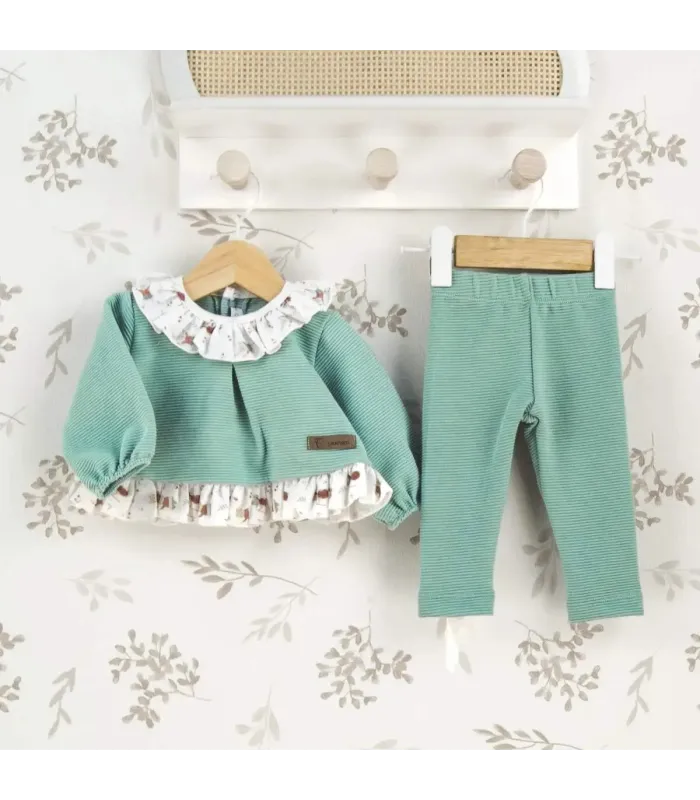 Conjunto legging bebé mint invierno algodón punto acanalado con volante estampado en cuello y bajo