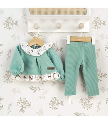 Conjunto legging bebé mint invierno algodón punto acanalado con volante estampado en cuello y bajo