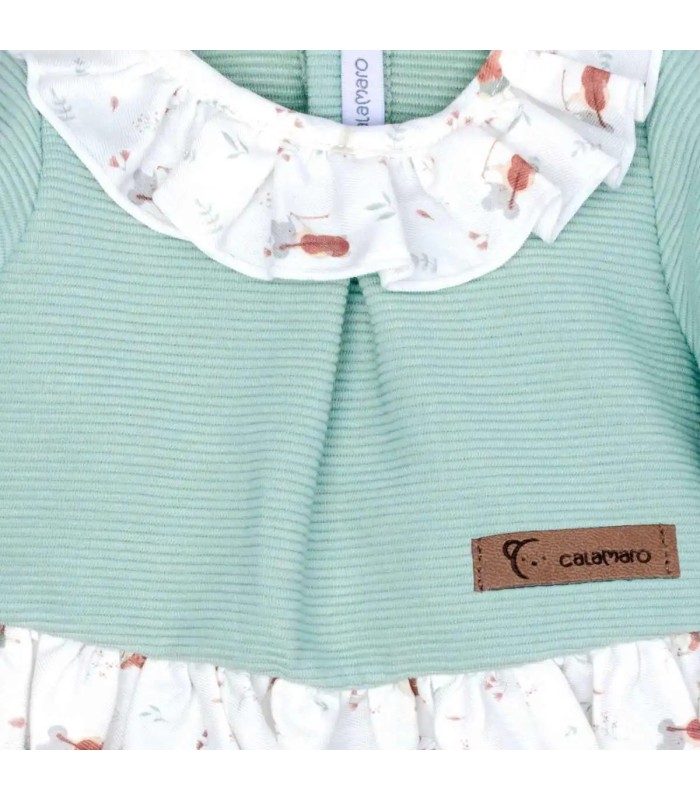 Detalle del Conjunto legging bebé mint invierno algodón punto acanalado con volante estampado en cuello y bajo