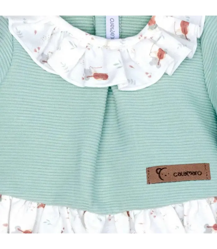 Detalle del Conjunto legging bebé mint invierno algodón punto acanalado con volante estampado en cuello y bajo