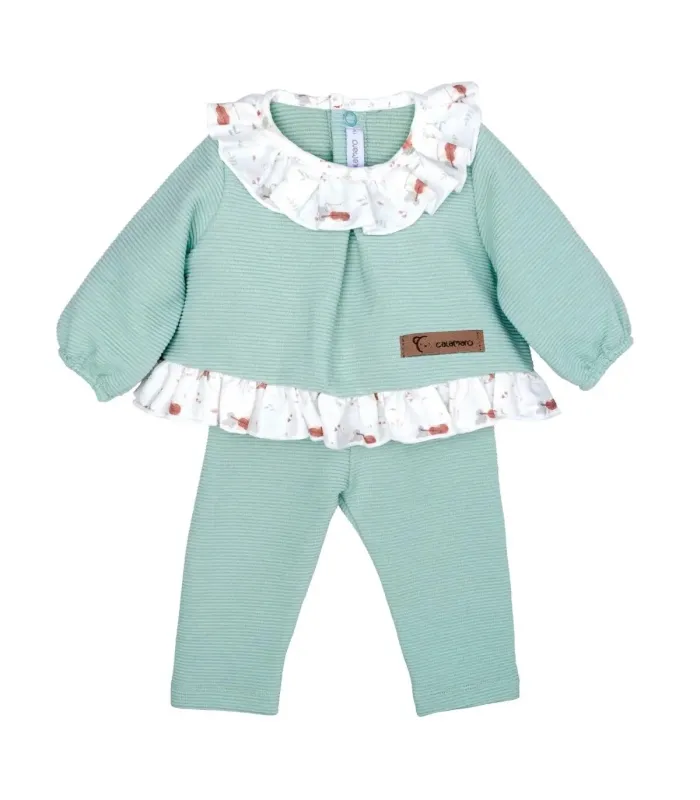 Conjunto legging bebé mint invierno algodón punto acanalado con volante estampado en cuello y bajo en fondo blanco