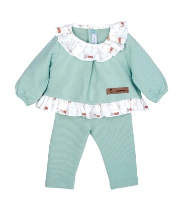 Conjunto legging bebé mint invierno algodón punto acanalado con volante estampado en cuello y bajo en fondo blanco