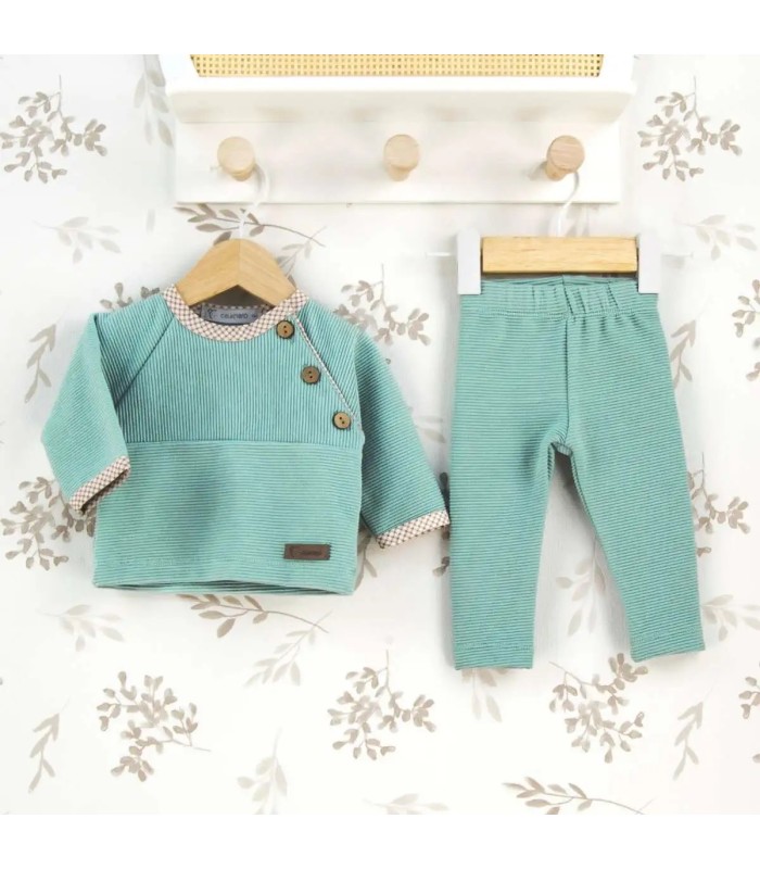 Conjunto Legging bebé mint botones invierno punto acanalado con detalles vichy en cuello y puños