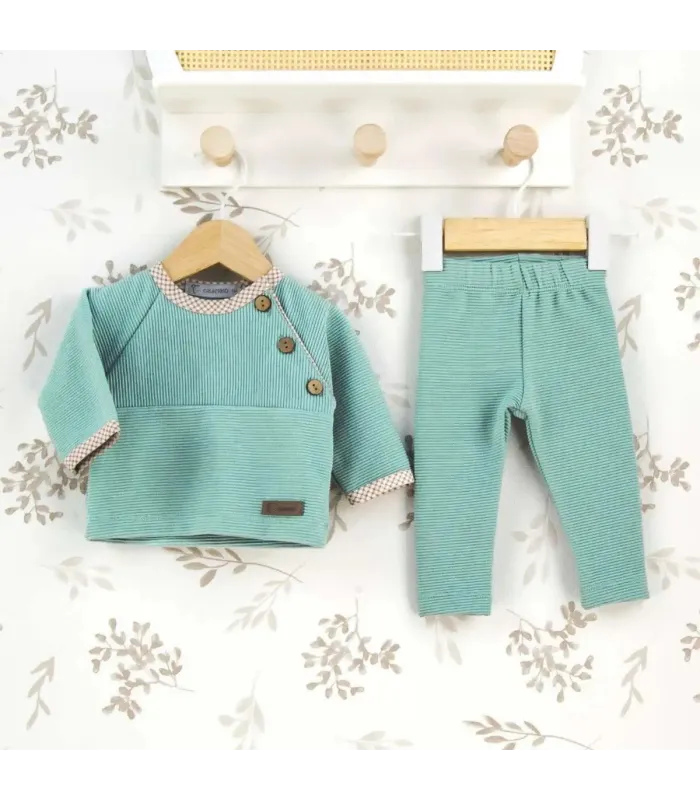 Conjunto Legging bebé mint botones invierno punto acanalado con detalles vichy en cuello y puños