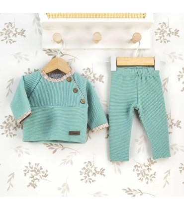 Conjunto Legging bebé mint botones invierno punto acanalado con detalles vichy en cuello y puños