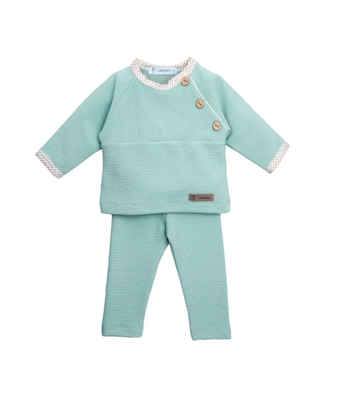 Conjunto Legging bebé mint botones invierno punto acanalado con detalles vichy en cuello y puños en fondo blanco
