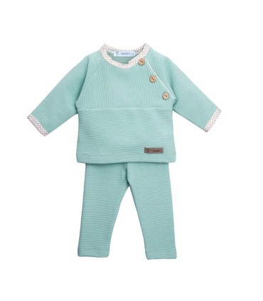 Conjunto Legging bebé mint botones invierno punto acanalado con detalles vichy en cuello y puños en fondo blanco