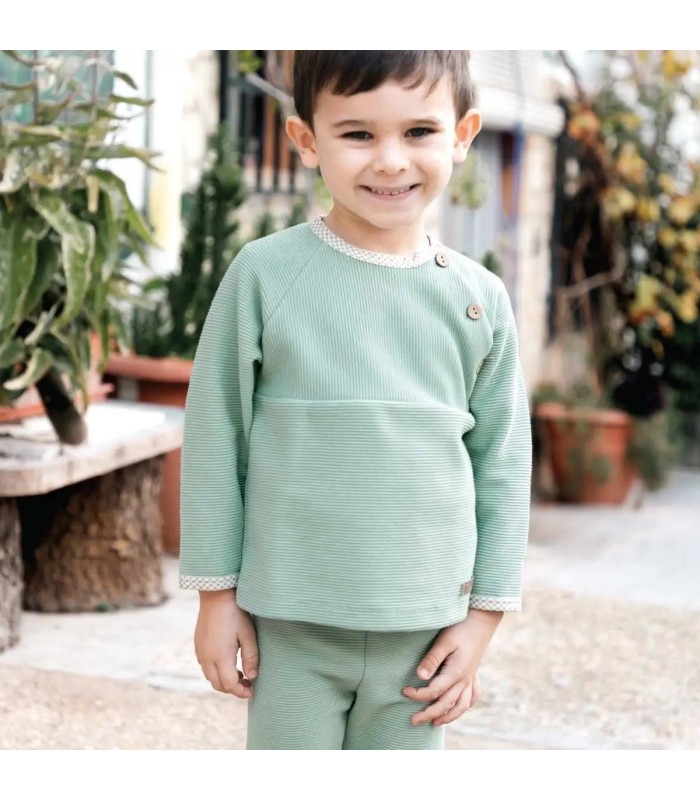 Niño con el Conjunto Legging bebé mint botones invierno punto acanalado con detalles vichy en cuello y puños