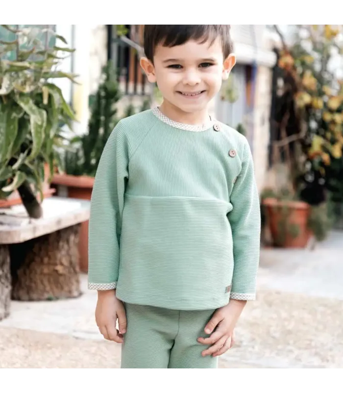 Niño con el Conjunto Legging bebé mint botones invierno punto acanalado con detalles vichy en cuello y puños