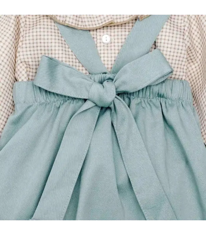 Diseño trasero del Conjunto Pichi niña mint invierno con lazada central blusa vichy con volante y tejido algodón suave