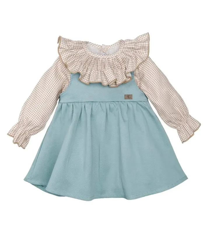 Conjunto Pichi niña mint invierno con lazada central blusa vichy con volante y tejido algodón suave sobre fondo blanco