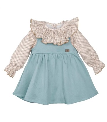 Conjunto Pichi niña mint invierno con lazada central blusa vichy con volante y tejido algodón suave sobre fondo blanco
