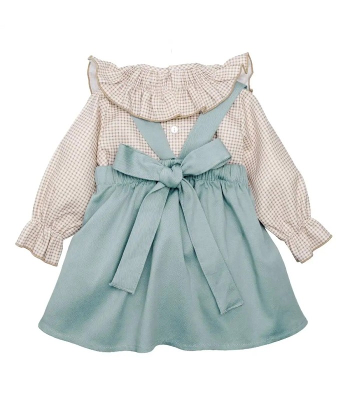 Conjunto Pichi niña mint invierno con lazada central blusa vichy con volante y tejido algodón suave atrás en fondo blanco
