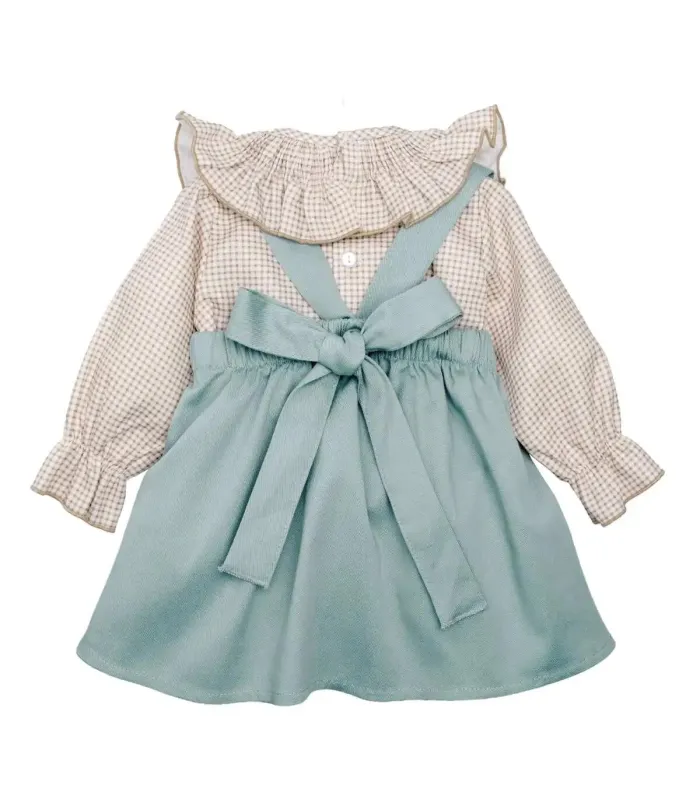 Conjunto Pichi niña mint invierno con lazada central blusa vichy con volante y tejido algodón suave atrás en fondo blanco