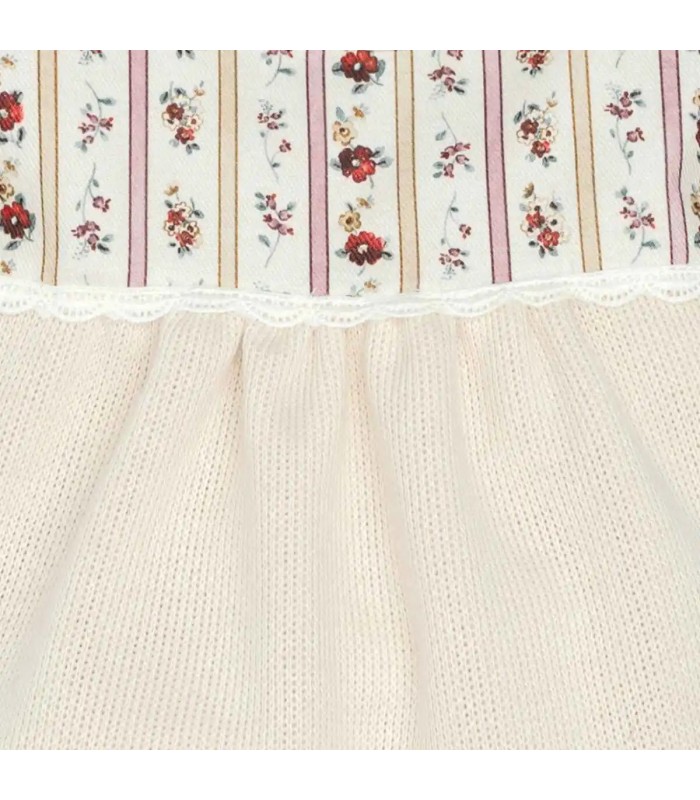 Detalles del Conjunto Pololo bebé arena algodón blusa textura suave con canesú floral y pololo estampado
