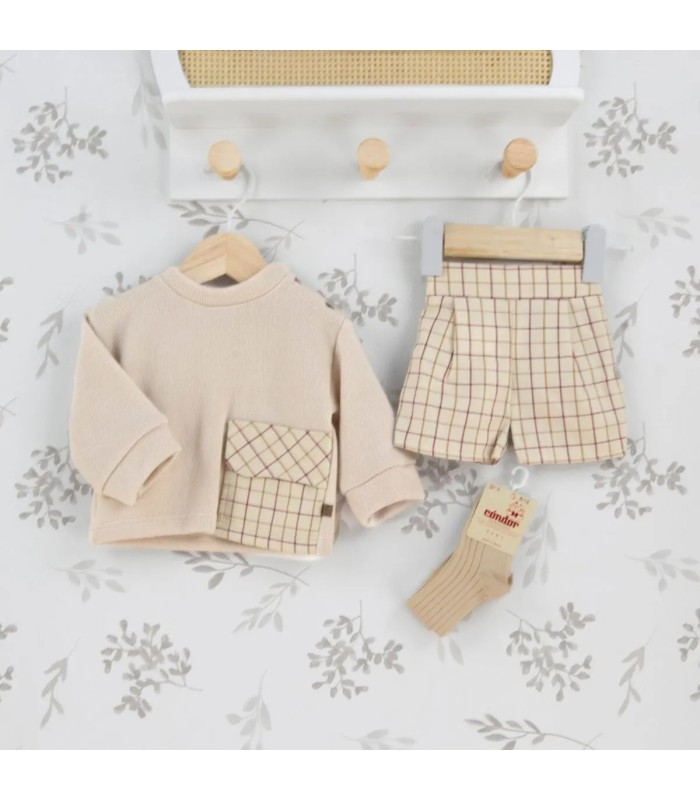 Conjunto Pololo bebé arena moderno algodón sudadera suave con bolsillo estampado y pololo