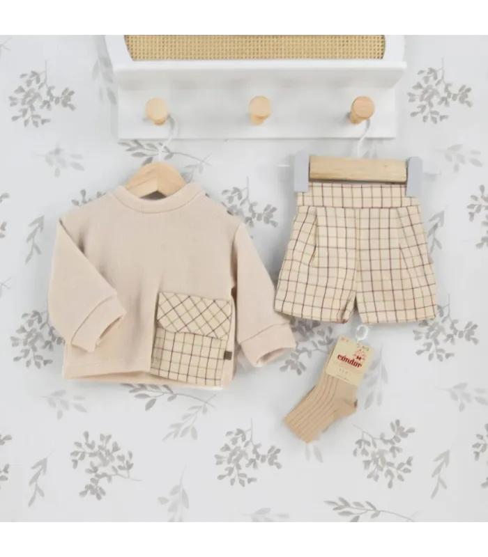 Conjunto Pololo bebé arena moderno algodón sudadera suave con bolsillo estampado y pololo
