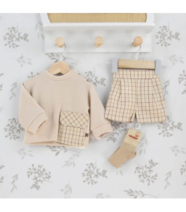 Conjunto Pololo bebé arena moderno algodón sudadera suave con bolsillo estampado y pololo