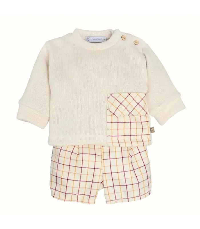 Conjunto Pololo bebé arena moderno algodón sudadera suave con bolsillo estampado y pololo en fondo blanco