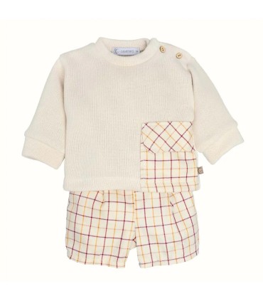 Conjunto Pololo bebé arena moderno algodón sudadera suave con bolsillo estampado y pololo en fondo blanco