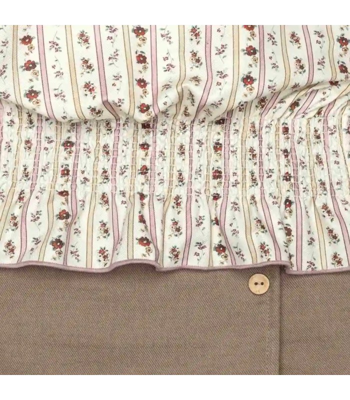 Diseño del Conjunto niña arena algodón blusa floral rayas verticales con falda pantalón lisa reciclada