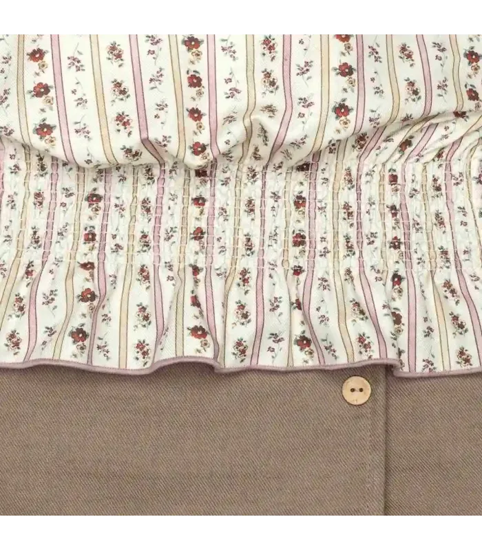 Diseño del Conjunto niña arena algodón blusa floral rayas verticales con falda pantalón lisa reciclada