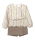 Conjunto niña arena algodón blusa floral rayas verticales con falda pantalón lisa reciclada en fondo blanco