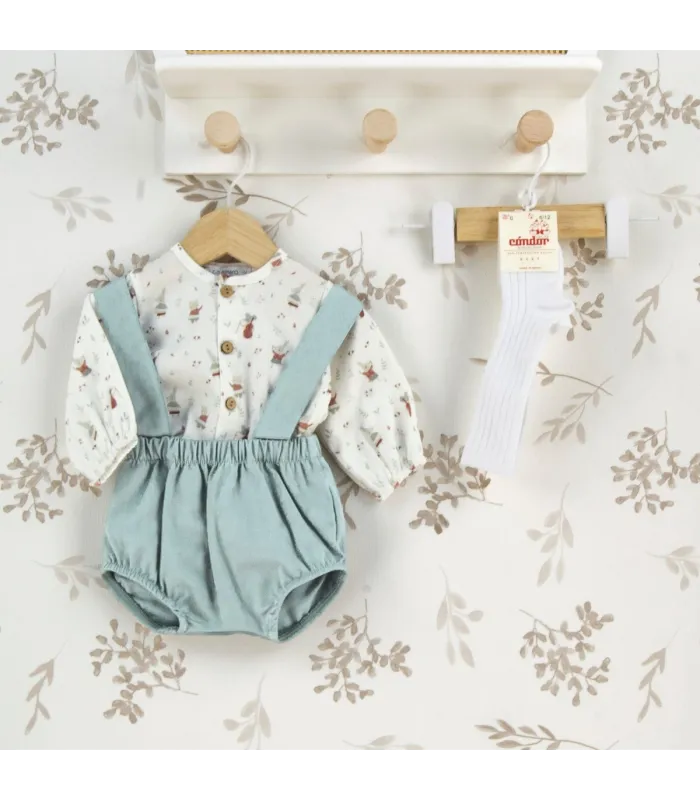 Conjunto Pololo bebé mint invierno con tirantes algodón camisa estampada y pololo elástico color mint