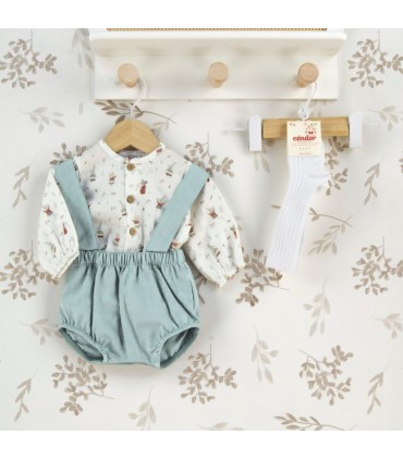 Conjunto Pololo bebé mint invierno con tirantes algodón camisa estampada y pololo elástico color mint