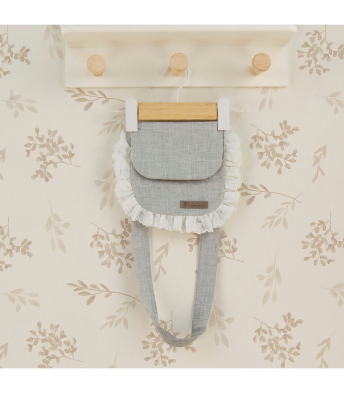 Bolso niña gris algodón puntilla volante lateral solapa cinta larga textura suave