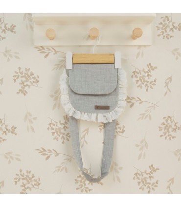 Bolso niña gris algodón puntilla volante lateral solapa cinta larga textura suave
