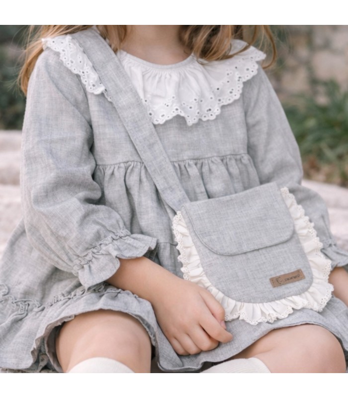 Niña con el Bolso niña gris algodón puntilla volante lateral solapa cinta larga textura suave