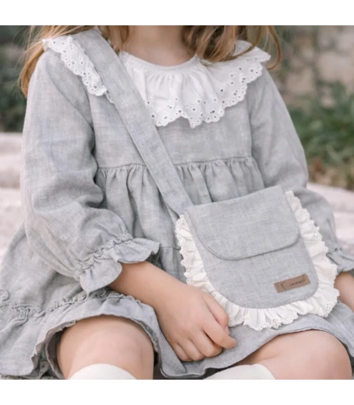 Niña con el Bolso niña gris algodón puntilla volante lateral solapa cinta larga textura suave