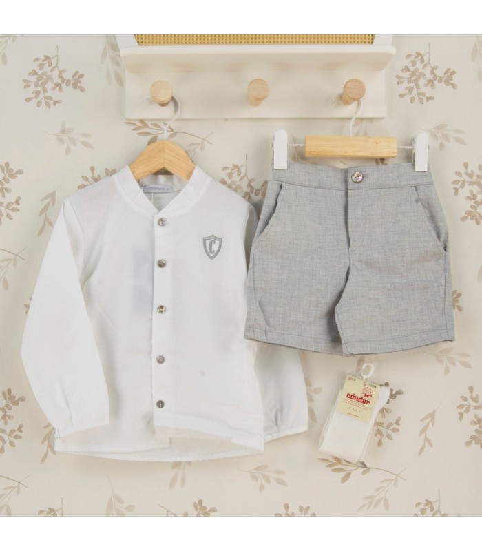 Conjunto Pantalon niño gris camisa blanca algodón pantalón corto textura suave elegante