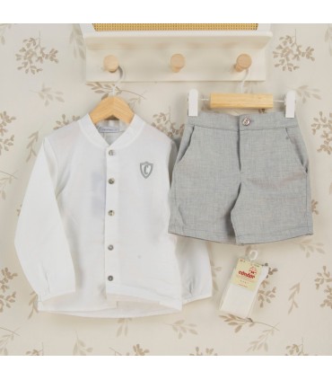 Conjunto Pantalon niño gris camisa blanca algodón pantalón corto textura suave elegante