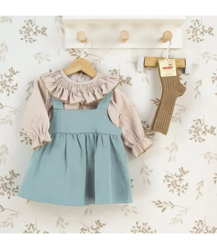 Conjunto Pichi niña mint invierno con lazada central blusa vichy con volante y tejido algodón suave