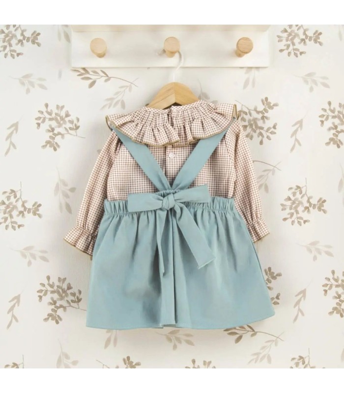 Conjunto Pichi niña mint invierno con lazada central blusa vichy con volante y tejido algodón suave parte trasera
