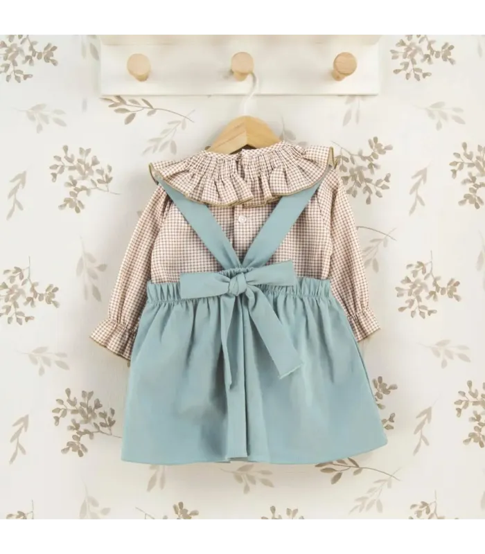 Conjunto Pichi niña mint invierno con lazada central blusa vichy con volante y tejido algodón suave parte trasera