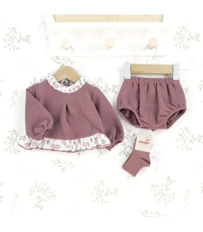 Conjunto Pololo bebé berenjena canalé volante floral tejido suave invierno