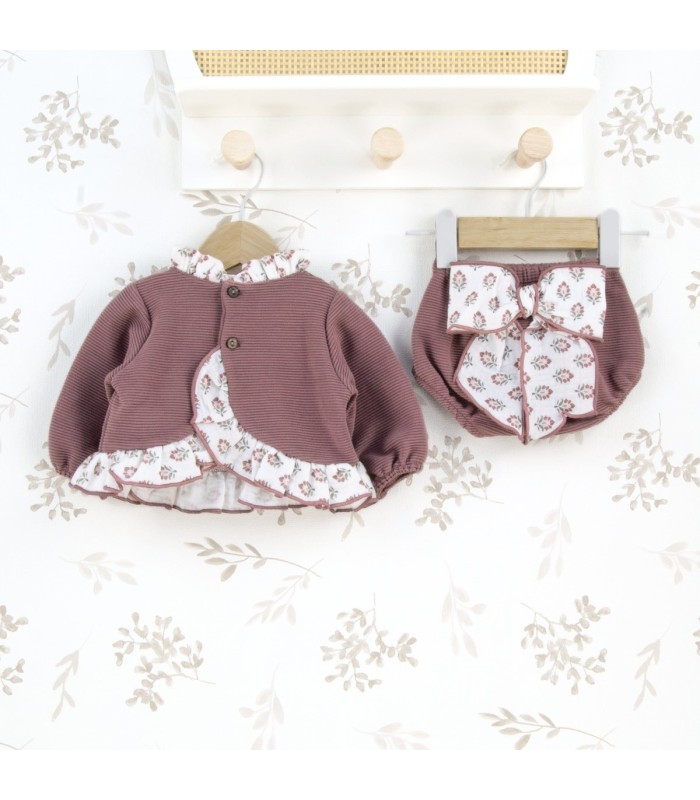 Conjunto Pololo bebé berenjena canalé volante floral tejido suave invierno parte trasera