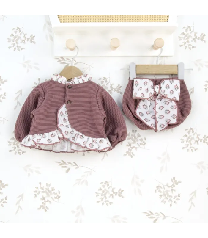 Conjunto Pololo bebé berenjena canalé volante floral tejido suave invierno parte trasera