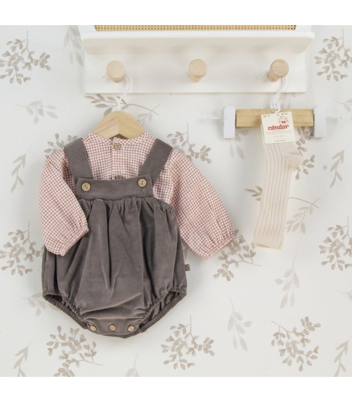 Conjunto Peto bebé marrón invierno algodón camisa vichy y peto tirantes botones textura suave